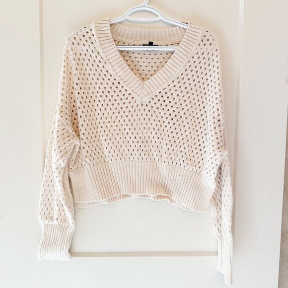 Dynamite P/S Open-Knit V-Neck Cropped Sweater Beige 100% Cotton Long Sleeve - Picture 1 of 9